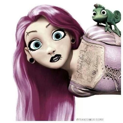 Love this version of Rapunzel ♡ tattoos and piercings Disney Punk Edits, Emo Disney Princess, Rapunzel Tattoo, Disney Gone Bad, Emo Disney, Princesse Disney Swag, Goth Disney Princesses, Disney Swag, Goth Disney