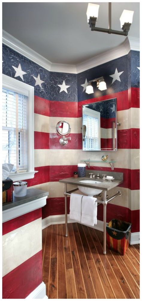 Americana Bathroom, Americana Room, Patriotic Room, Patriotic Bedroom, Lakehouse Bedroom, Americana Home Decor, Patriotic Nails, Americana Home, Patriotic Desserts