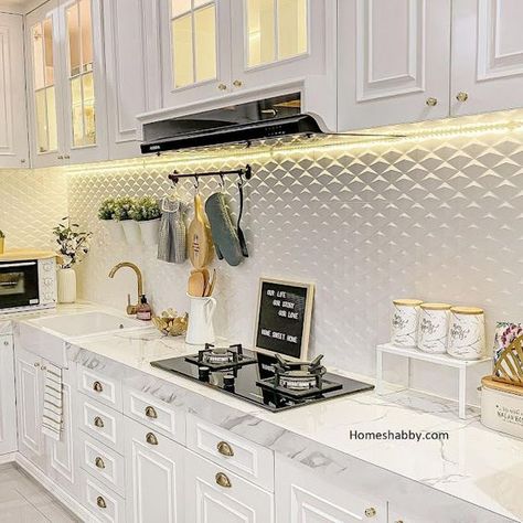 6 Ide Motif Keramik Dinding Dapur Minimalis Yang Bagus ~ Homeshabby.com : Design Home Plans, Home Decorating and Interior Design White Kitchen Set, Model Dapur, Industrial Interior Style, Desain Pantry, Kabinet Dapur, Kids Loft Beds, Kitchen Corner, Kitchen Design Decor, Kitchen Wallpaper