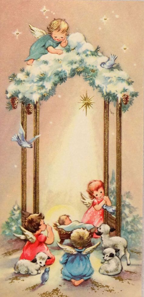 The Angels adoring Jesus :: Vintage Christmas card Štědrý Den, Vintage Holiday Cards, Vintage Christmas Card, Vintage Christmas Images, The Nativity, Old Christmas, Christmas Memory, Christmas Scenes, Christmas Nativity