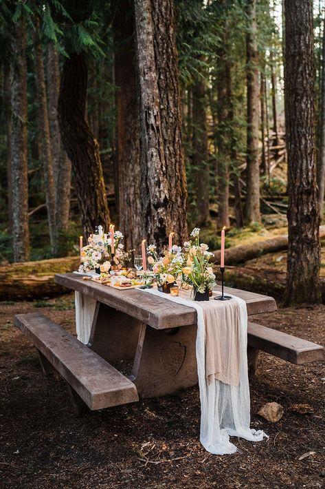 Forest Tablescape, Picnic Table Wedding, Picnic Table Decor, Wedding Emergency Kit, Campground Wedding, Cabin Wedding, National Park Elopement, Picnic Wedding, Camp Wedding