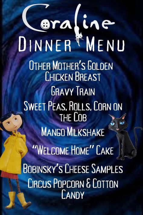 Coraline Themed Dinner - Inspiring Magical Memories Spooky Themed Party Food, Caroline Movie Dinner, Movies With Food Themes, Coraline Date Night, Coraline Dinner Ideas, Coraline Food Scene, Corpse Bride Movie Night Food, Coraline Dinner And Movie, Coraline Movie Night Food