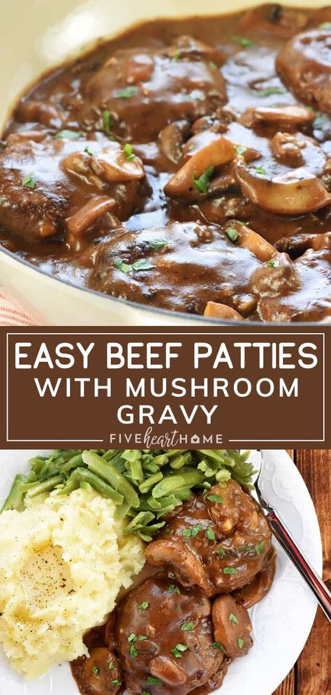 Hamburger Steak With Mushroom Gravy, Mashed Potatoes And Green Beans, Steak With Mushroom Gravy, Easy Sunday Dinner, Beef Patties Recipes, Salisbury Steak Recipe, Potatoes And Green Beans, Beef Steak Recipes, Salisbury Steak Recipes