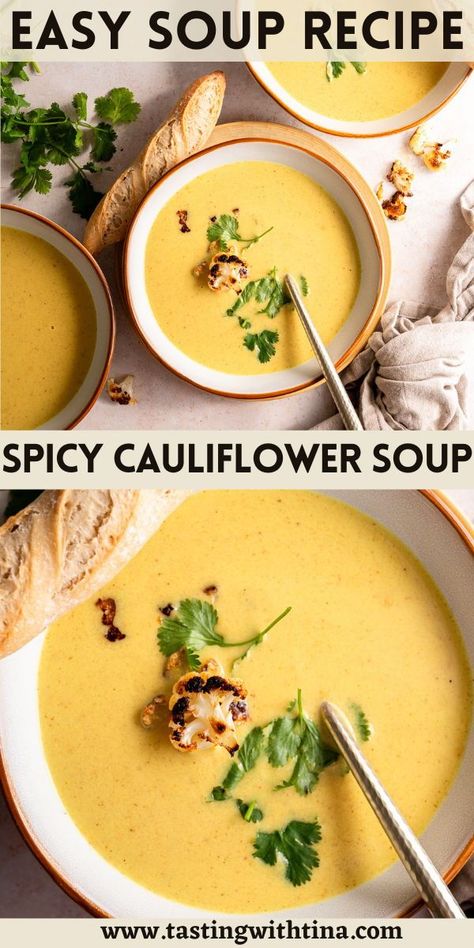 Cauliflower florets are transformed into a creamy, flavorful bowl of soup that is seasoned with a blend of ginger, turmeric, cumin, and a hint of heat from red pepper flakes and cayenne pepper. Cauliflower Red Pepper Soup, Curry Cauliflower Soup, Spicy Cauliflower Soup, Spicy Soups, Cayenne Pepper Recipes, Turmeric Soup, Season Recipes, Spicy Cauliflower, Creamy Cauliflower Soup