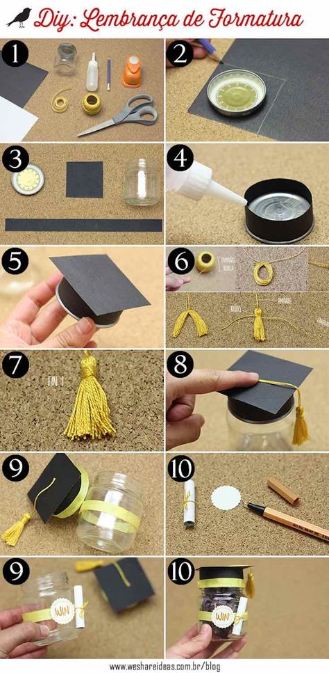 ขวดโหล Mason Jar, Hadiah Diy, Graduation Party High, Gubahan Bunga, Graduation Party Diy, Graduation Crafts, Diy Graduation, Graduation Party Favors, Graduation Favors