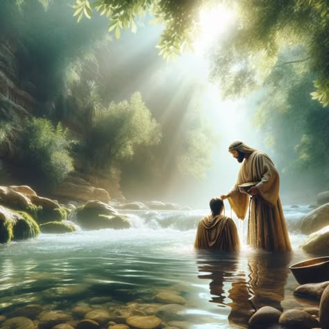 A serene scene depicting the Jordan River with crystal clear water flowing gently. In the foreground, a man dressed in traditional biblical attire, representing John the Baptist, is baptizing a person in the river. The atmosphere is peaceful and spiritual, with soft sunlight filtering through lush green trees along the riverbank. The image conveys a sense of tranquility and historical significance, illustrating a pivotal moment in religious history. Biblical Attire, John The Baptist And Jesus, Book Of Luke, The Jordan River, Jesus Son, Water Baptism, Jesus Son Of God, Old Man Portrait, Wade In The Water