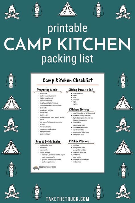 Checklist for setting up a camp kitchen in a box. Kitchen Packing List, Camping Kitchen Box, Portable Camping Kitchen, Camp Kitchen Chuck Box, Portable Camp Kitchen, Camp Kitchen Box, Kitchen Checklist, Campfire Grill, Water Storage Containers