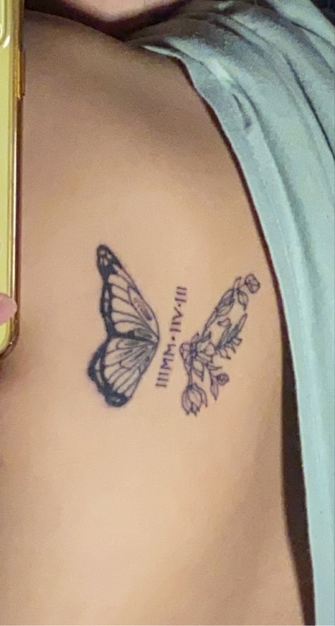 Tattoo With Roman Numerals, Aesthetic Butterfly Tattoo, Butterfly Tattoo With Flowers, Roman Numerals Tattoo, Roman Numbers Tattoo, Numerals Tattoo, Butterfly Neck Tattoo, Half Butterfly, Butterfly Name Tattoo