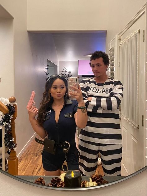 Cop And Jailbird Couple Costume, Policeman Halloween Costume, Police And Prisoner Costume Couple, Cop And Prisoner Costumes Couples, Cops And Prisoner Costume, Prisoner Halloween Costume, Prisoner Halloween, Halloween Prisoner Costume, Cop Halloween Costume