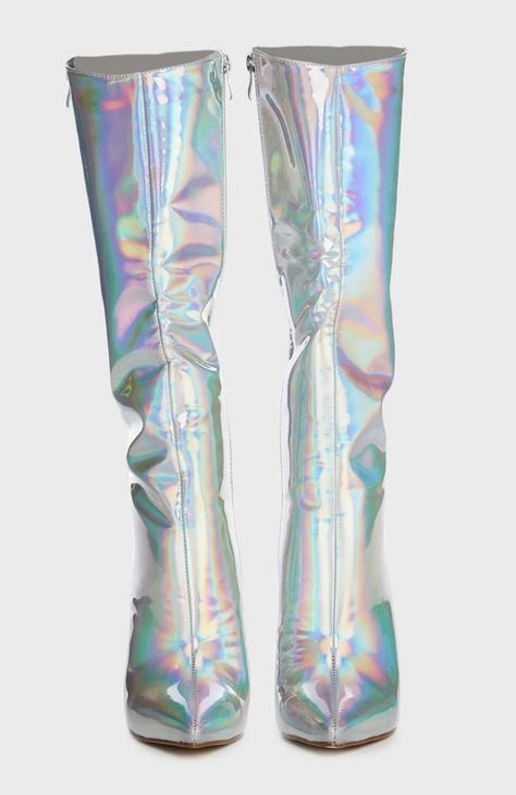 Holosexual Aesthetic Outfits, Holographic Platform Boots, Iridescent Outfit Holographic Fashion, Iridescent Outfit, Holo Shoes, Iridescent Clothing, Metallic Clothing, Alien Doll, Holographic Boots