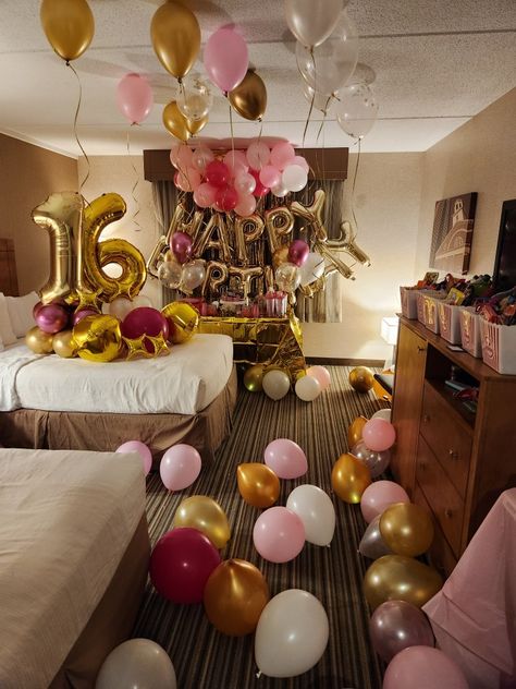 Pink Birthday Party Hotel, 14ty Birthday Party Ideas, 16th Birthday Hotel Sleepover Ideas, 16 Birthday Hotel Decorations, 16 Birthday House Party Ideas, Hotel Rooms Birthday Ideas, 16 Hotel Birthday Party Ideas, Birthday Party At Hotel Ideas, Sweet 16 Bedroom Decorations