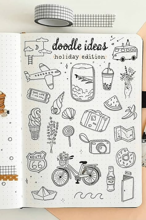 2024 Bullet Journal Doodles - 30+ Easy Tutorials! ⋆ Sheena of the Journal Travel Bullet Journal, Travel Doodles, Journal Ideas Templates, Doodles Ideas, Bujo Doodles, Arte Doodle, Travel Journal Scrapbook, Bullet Journal Ideas Templates, Bullet Journal Mood Tracker Ideas