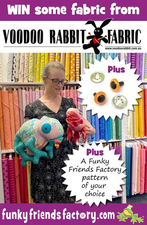 Voodoo Rabbit Fabric & Toy Eyes giveaway!!! | Funky Friends Factory Funky Friends Factory Stuffed Toys, Craft Eyes, Fabric Toys, Cool Store, Tula Pink, Giveaway Contest, Mesh Fabric, Stuffed Toys Patterns, Bag Pattern