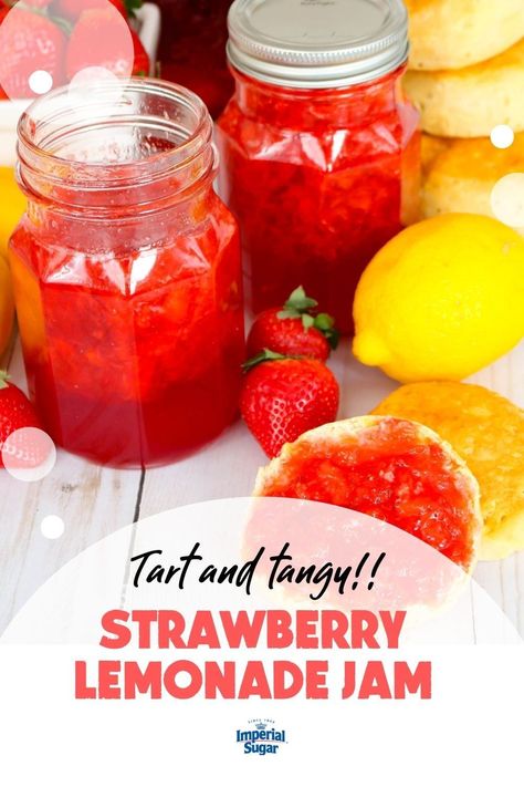 Enjoy the taste of summer year-round. Strawberry fields and a summer lemonade stand come together to create this delicious Strawberry Lemonade Jam. The perfect addition to your brunch table ! For more jam and jelly recipes and ideas visit ImperialSugar.com and pin your favorites! Made this recipe? Show us! #imperialsugar #jellyrecipes #brunchrecipes Pecan Honey Butter Recipe, Strawberry Lemonade Jam, Plum Jam Recipes, Honey Butter Recipe, Canning Equipment, Peanut Butter And Jelly Sandwich, Summer Lemonade, Jelly Sandwich, Easy To Make Breakfast