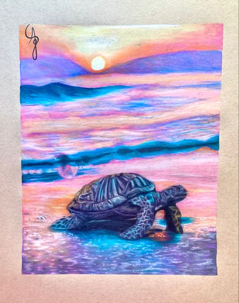 Art Color Pencil Art Drawings Nature, Turtle Sea, Pencil Drawings For Beginners, Sea Turtle Art, Crayon Drawings, Pencil Shading, Sea Sunset, Sunset Sea, Turtle Art