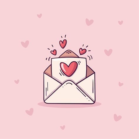 Love Letters Illustration, Love Letter Doodles, Love Icons Heart, Envelope Doodle, Pink Doodles, Open Envelope, Lover Illustration, Cute Text Quotes