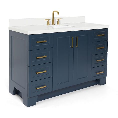 The Taylor vanity collection by ARIEL Bath is the perfect addition of style and flare for any bathroom while still remaining a truly timeless design. Featuring a hidden pull-out drawer behind each pair of cabinet doors, the Taylor vanity is truly the ideal combination of function and form. Available with multiple options from countertop type to hardware color and cabinet finish, you can be sure you’ll find your perfect match with the ARIEL Taylor vanity collection. ARIEL Taylor 55-in Midnight Bl Cabinet Base, Types Of Countertops, Hidden Drawer, Cabinet Finishes, White Quartz Countertop, Marble Vanity Tops, Single Sink Bathroom Vanity, Wood And Marble, Pull Out Drawers