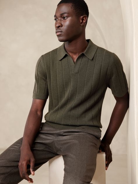 We used the traditional sweater polo details you love — like ribbing at the cuffs and hem.  This closet favorite was made from warm Merino wool and a johnny collar to make it extra special.  Johnny collar neckline.  Standard fit.  Model: Size M, 6'2" (188cm). Men’s Summer Office Style, Mens Sweater Polo Outfit, Casual Professional Outfit Men, Male Teacher Outfits High School, Professor Outfit Men, Masc Business Casual, Mens Business Casual Outfits Summer, Mens Business Casual Outfits Work Attire, Timeless Mens Fashion