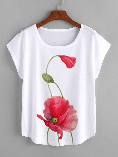 White Casual  Cap Sleeve Polyester Floral  Embellished Slight Stretch Summer Women Tops, Blouses & Tee Painted Canvas Bags, Remake Clothes, Fabric Paint Shirt, Check Blouse, Saree Painting Designs, Floral Tshirt, Printed Blouses, Hand Painted Dress, Fabric Painting On Clothes