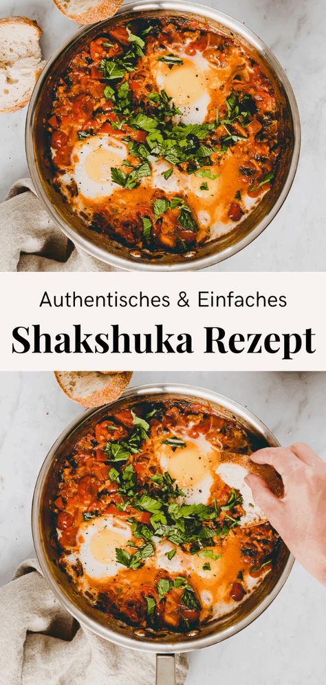 Pochierte Eier in einer würzigen Tomatensauce mit wunderschönen Aromen und einer Handvoll frischer Kräuter – das ist Shakshuka! Serviere dazu frisches Brot und du hast ein tolles One-Pot Gericht! #shakshuka #rezept #vegetarisch #einfach Shakshuka Recipe, Shakshuka Recipes, Fresh Tomato Recipes, Jewish Recipes, Tomato Recipes, Breakfast Brunch Recipes, Poached Eggs, Breakfast Dishes, Egg Recipes