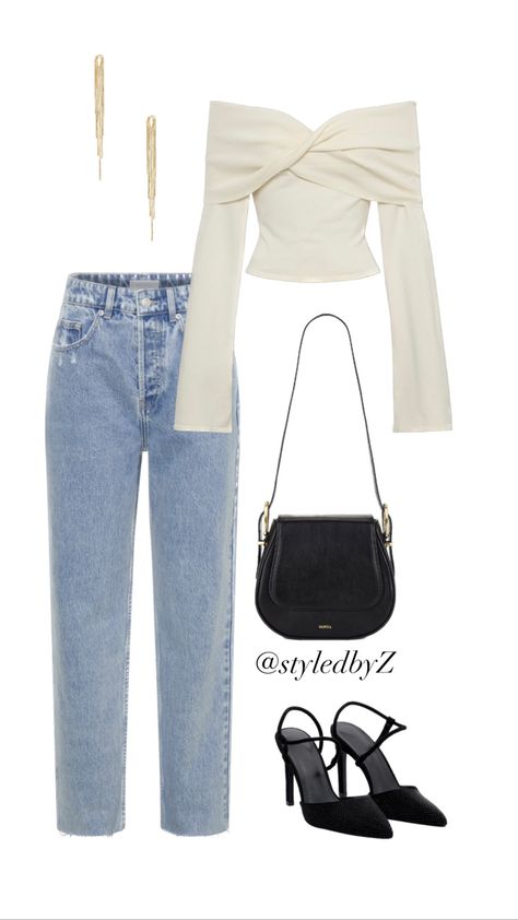 Meshki, off the shoulder top, jeans styled, summer to fall, outfit ideas, outfit inspo, style inspiration Cream Off Shoulder Top Outfit, Off Shoulder Top Outfit, Off The Shoulder Top Outfit, Cami Outfit, Dress Up Jeans, Twist Top, Top Outfit, Black Accessories, Off Shoulder Top