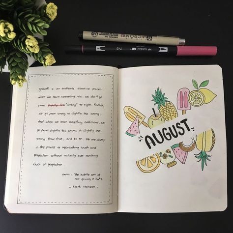 Journal August, Fruit Drawing, Weekly Log, Journal Business, Bullet Journal Month, School Journals, Bullet Journel, Bullet Journal Set Up, Bullet Journal Font