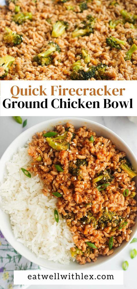 quick ground chicken stir fry with rice Firecracker Ground Chicken Bowls, Weeknight Meals On A Budget, Fire Cracker Ground Chicken, Ground Chicken Slow Cooker, Hot Honey Ground Chicken, Firecracker Chicken Stir Fry, Ground Chicken Instant Pot, Family Friendly Healthy Dinners, Easy Ground Chicken Dinner