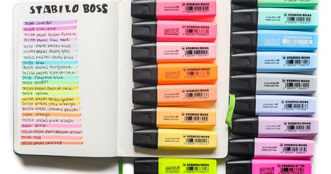 Stablio Boss Original 23 Highlighters | Jenny's Crayon Collection Highlighter Swatches, Highlighter Pen, Stabilo Boss, Pale Orange, Stationery Pens, Pretty Colours, Color Names, Highlighter, Crayon