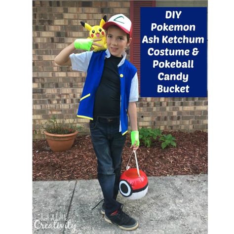 Create an easy, last minute Pokemon Ash Ketchum costume for kids, and don't forget the DIY Pokeball candy bucket for Halloween! Ash Costume Diy, Pokemon Costume Diy, Diy Pokemon Costume, Ash Pokemon Costume, Diy Pokeball, Pokemon Costumes Diy, Ash Ketchum Costume, Pokemon Trainer Costume, Ash Costume