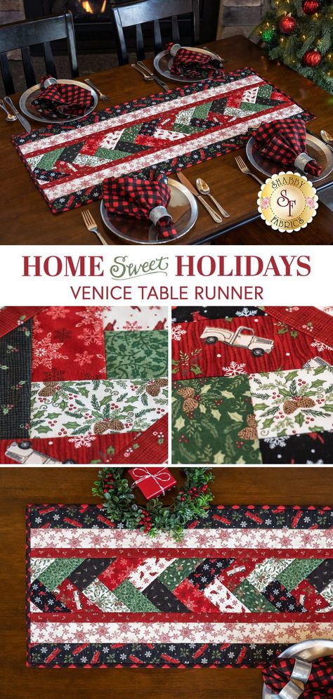 Create a sophisticated table setting this holiday season with the Venice Table Runner featuring the beautiful Home Sweet Holidays fabric collection by Deb Strain for Moda Fabrics!! Using the pre-printed quilt as you go batting by June Tailor, this project comes together quickly! Table Runner measures at approximately 16½" x 39". Table Runner Christmas Pattern, Christmas Table Runner Quilt Pattern, Xmas Table Runners Quilted, Square Quilt Table Toppers, Quilted Decor, Christmas Quilted Table Toppers, Sewing Table Runner, Quilt As You Go Table Runner Pattern, Quilting Placemats