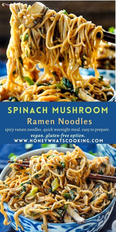 Mushroom Ramen Noodles, Healthy Ramen Noodle Recipes, Healthy Ramen Noodles, Quick Comfort Food, Spicy Spinach, Spinach Noodles, Mushroom Ramen, Vegan Honey, Healthy Ramen