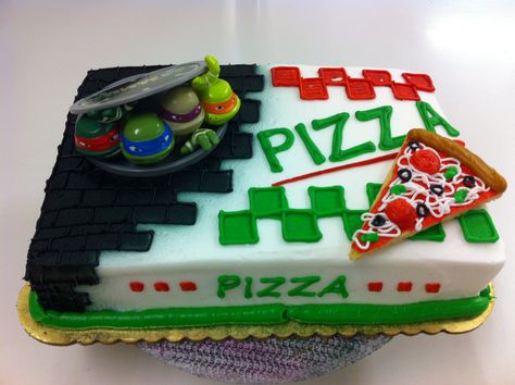 Ninja Turtles birthday sheet cake in buttercream. The pizza slice is a piece of sugar cookie. Boys Birthday Party Food, Ninja Turtle Cake Ideas, Ninja Turtle Pizza Cookies, Tmnt Birthday Cake, Ninja Turtle Pizza Cake, Ninja Turtle Sheet Cake Ideas, Ninja Turtle Sheet Cake, Buttercream Ninja Turtle Cake, Ninja Turtle Sewer Cake