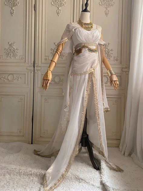 Purple Elf Fantasy Dress - Golden Rome Greek Goddess - Fairy Evening Dress - Plus Size – WonderlandByLilian White And Gold Fantasy Outfit, White And Gold Goddess Dress, Hermes Cosplay, White Fantasy Dress, Targaryen Dress, White Chiffon Fabric, Purple Elf, Antoinette Dress, Nontraditional Wedding Dress