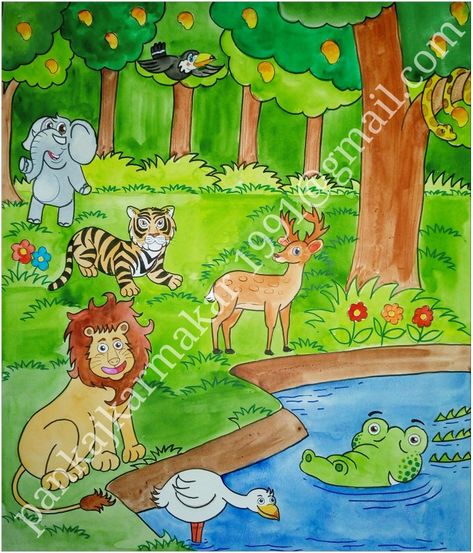 Easy jungle painting with water colour by Pankaj karmakar Jungle Drawing Forests, Animals In Jungle Drawing, Jungle Drawing Easy With Animals, Easy Jungle Animal Drawings, Forest Animal Drawings Easy, Forest Scenery Drawing For Kids, Forest With Animals Drawing, Jungle Scene Drawing, Jungle Painting Easy