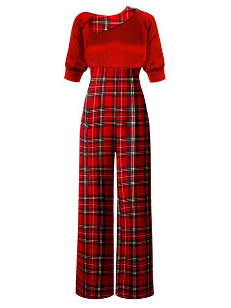 Red 1930s Christmas Plaid Short Sleeved Jumpsuit | Retro Stage 1930s Christmas, 1930s Clothing, Style Vert, Plaid Jumpsuit, The Hollow, Christmas Plaid, Standard Dress, Short Sleeve Jumpsuits, Red Jumpsuit