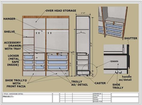 Wardrobe detail drawing pdf internal wardrobe details including shutter details, handle details, shoe trolley with casters or slider rail, pull down pentagram for cloth hanging, jewellery locker, drawers for accessory, cloth trolley on bottom rail slider and glass facia. Wardrobe Detail Drawing, Slider Wardrobe Design Bedroom, Slider Wardrobe Design, Wardrobe Detail, Wardrobe Shutter Design, Wardrobe Internal Design, Furniture Details Drawing, Glass Wardrobe, Detail Drawing