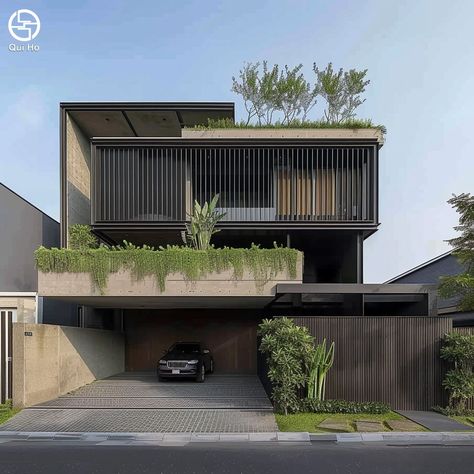 Minimalist Elevation Architecture, Modern Bunglow Elevations, Modern Tropical Facade, Modern Tropical House Exterior, Facade Minimalist, Villa Facade Design, Nupur Kanoi, Row House Design, 3 Storey House Design