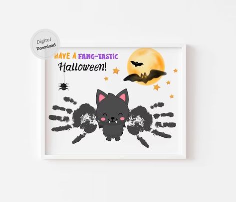 View Christian wall art by AlniPrints on Etsy Bat Handprint Art, Halloween Handprint Crafts, Hands Craft, Halloween Downloads, Toddler Craft, Halloween Crafts Preschool, Footprint Craft, Baby First Halloween, Footprint Art