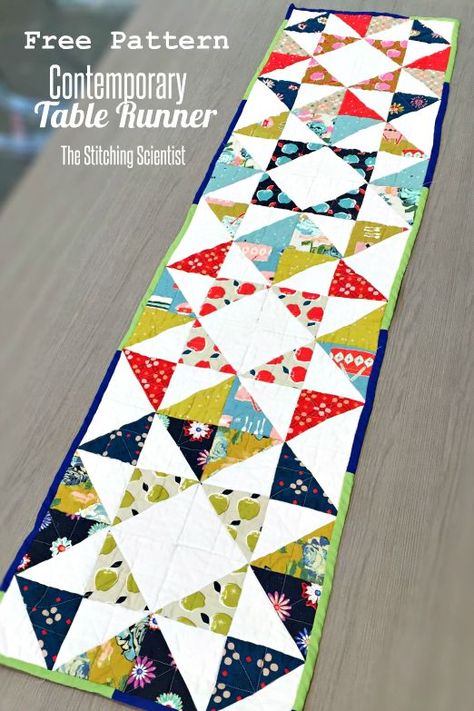 Free Contemporary Table Runner Pattern #freesewingpattern #tablerunner Handkerchief Art, Contemporary Table Runners, Charm Pack Patterns, Charm Pack Quilt Patterns, Charm Square Quilt, Charm Pack Quilt, Charm Pack Quilts, Modern Table Runners, Patchwork Table Runner