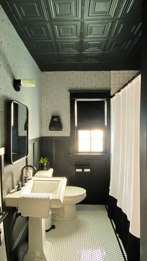 Classic Black and White Bathroom: Restoring Vintage Charm in This Historic Home for the Fall 2020 One Room Challenge Classic Black And White Bathroom, Vintage Black And White Bathroom, Historic Bathroom, Studio Bathroom, Black And White Tiles Bathroom, Organization Shelves, Black And White Bathroom, Black White Bathrooms, White Bathroom Tiles