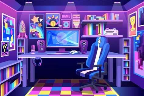 Detailed colorful gamer room | Premium Vector #Freepik #vector #digital #game #tech #fun Gaming Room Illustration, Youtube Background Ideas Room, Gaming Room Background, Gamer Backgrounds, Youtube Room, Space Station Interior, Game Room Art, Set Up Gamer, Bedroom Cartoon