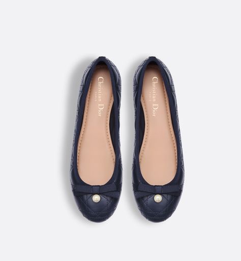 The Dior Ballet Flat Revisits A Timeless Style With The House's Couture Aesthetic. Crafted In Deep Blue Quilted Calfskin With The Cannage Motif, It Is Distinguished By A Delicate Grosgrain Bow On The Front Adorned With A White Cd Resin Pearl Inspired By The Iconic Dior Tribales Earrings. Featuring A Padded Leather Insole, The Supple, Comfortable Ballet Flat Will Add The Finishing Touch To Any Of The Season's Looks.. Couture Aesthetic, Comfortable Ballet Flats, Resin Pearl, Dior Star, Icon Shoes, Ballerina Pumps, Dior Book Tote, Short Denim, Backpack Tote Bag