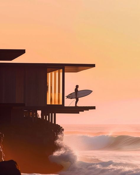 the surf shack | corten edition testing new views and vignettes. caught some nice underwave on accident which was fun 🤙🏼 #surf #surfer #surfshack #beach #ocean #midjourneyarchitect #midjourney #artificialintelligence #artificialarchitecture #artificialsketchbook #generativedesign #corten #steel West Coast House, Surf Posters, Surfer Aesthetic, Surfer Vibes, Action Board, Coast House, Oceans 11, Surf Aesthetic, Surf Vibes