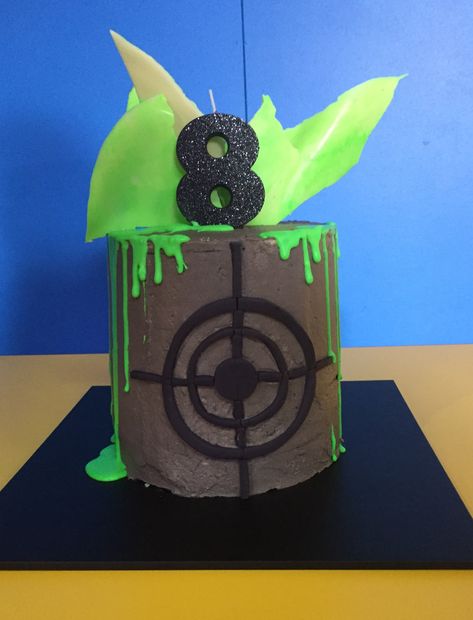 Laser tag cake with fluro green chocolate sails and drips Laser Tag Birthday Cake Ideas, Laser Tag Birthday Party Ideas Cake, Laser Tag Cake, Laser Tag Birthday Party, Laser Tag Party, Laser Tag Birthday, Cake Tips, Laser Tag, Drip Cakes