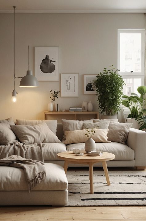 Nordic Home Decor Scandinavian Living, Scandinavian Living Room Minimalist, Swiss Apartment, Nordic Living Room Inspiration, Comfy Sofa Living Rooms, Beige Room Decor, Cozy Scandinavian Living Room, Neutral Apartment, Scandi Sofa