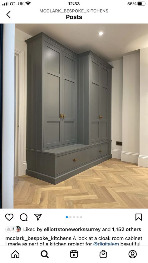 Mudroom Wardrobe Entryway, Hallway Storage Cupboard, Mudroom Corner Cabinets, Entrance Wardrobe Ideas, Hallway Cupboard Storage, Hallway Wardrobe Ideas, Built In Hallway Storage, Mudroom Cabinets With Doors, Entrance Hall Wardrobe