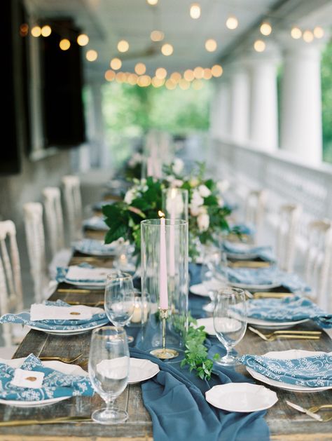 Loving the blue accents down this table| Ivory and Vine Event Co. Denim Party, Diamond Party, Denim And Diamonds, Simple Wedding Hairstyles, Personal Celebration, Cafe Lights, Wedding 2024, Southern Weddings, Wedding Tablescapes