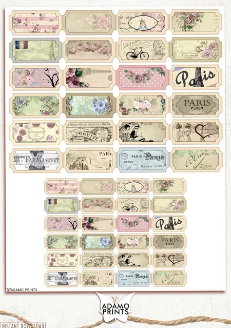 "Adamo special design for beautiful vintage-style French ticket strips in 24 tickets (6 strips of 4 tickets) vary in 3 sizes and 2 based color. Easy download and print these high quality design per your liking. They can be used for projects such as crafting for your scrapbook, journal pages, postcards, junk journals card making, ATC supplies, lovely tags, art journals, collages or any art projects. YOU WILL RECEIVE: o Total 7 printable pages (8.5\" x 11\" paper 300 dpi) o 6 printable pages of 14 Journal Supplies Printable, Aesthetic Tickets Printable, Free Printable Tickets, Journal Paper Printable, Journal Designs Printable, Paper Printable, Scrapbook Prints, Journaling Vintage Stickers, Journal Kit Printable Aesthetic