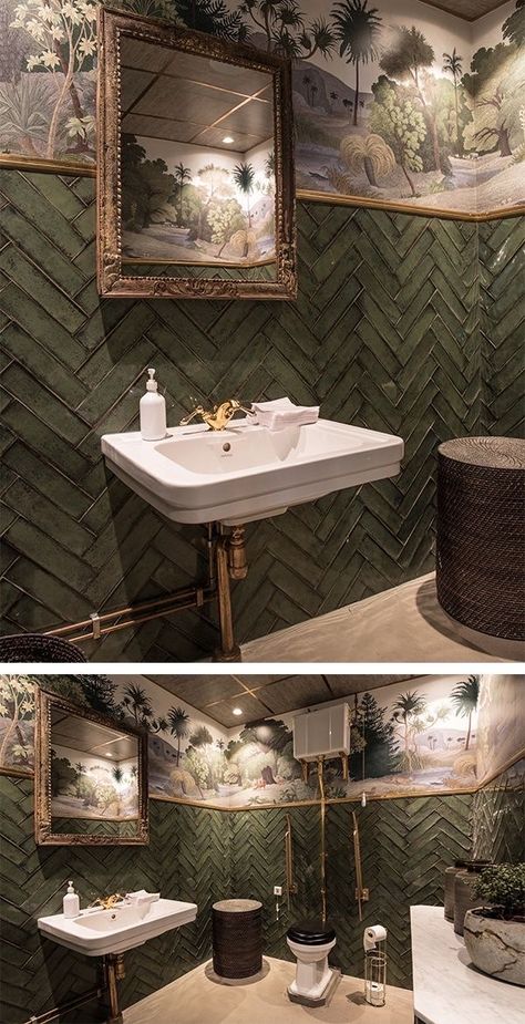 Unusual Interiors Guest Toilet Wallpaper, Fishbone Tiles, Balthazar Restaurant, Toilet Wallpaper, Restaurant Toilet, Jungle Restaurant, Jungle Bathroom, Toilette Design, Lush Jungle