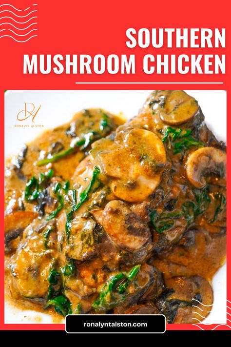 Mushroom chicken and spinach are a must-try!! It has Southern smothered chicken with creamed spinach bacon and mushrooms! The mushrooms are pan-fried, and then a gravy is created. Panda Express Chicken, Smothered Chicken With Creamed Spinach, Chicken With Creamed Spinach, Southern Smothered Chicken, Mushroom Chicken Recipe, Chicken Dishes For Dinner, Cream Of Mushroom Chicken, Chicken Receipes, Chicken Mushroom Recipes